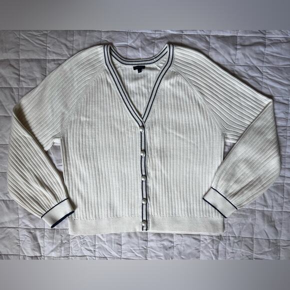 Talbots Cream Navy Trim V Neck Rib Knit Cardigan Sweater Old Money Preppy - XL - Picture 1 of 9